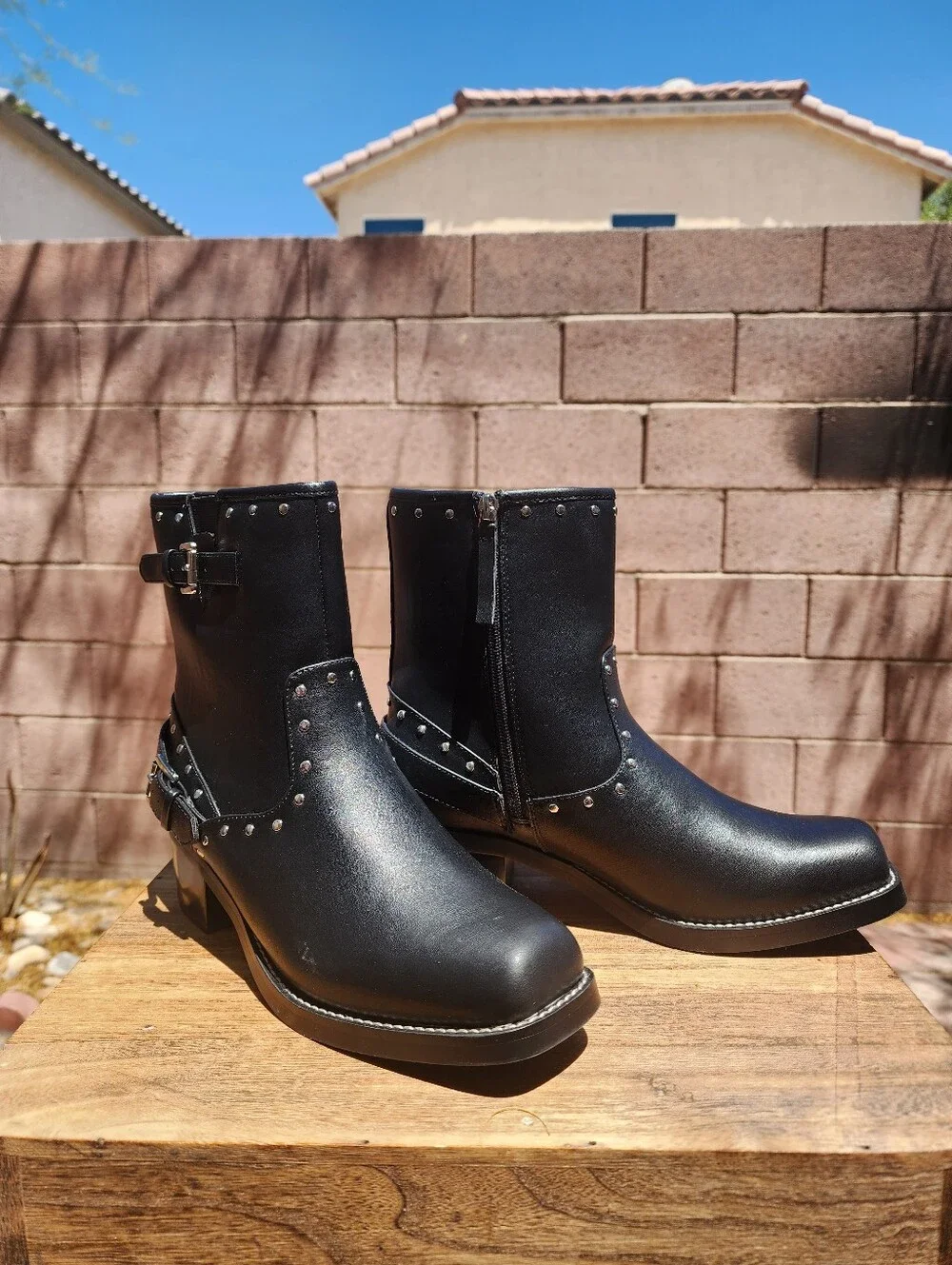 MIA Women's Delores Black Leather Square Toe Studded Buckle Booties Size 9